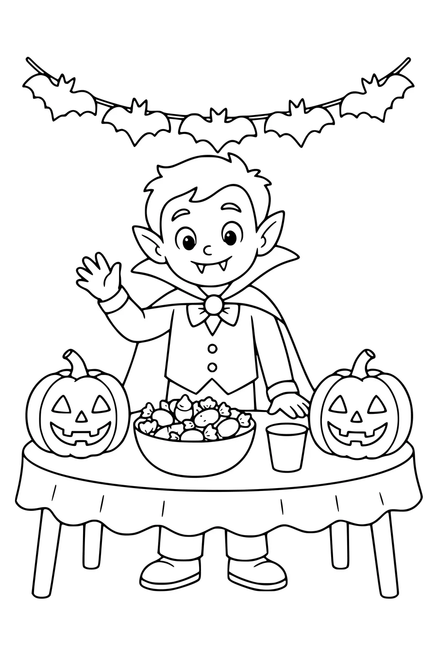 Gratis-Ausmalbild eines Vampirkinds auf einer Halloween-Party