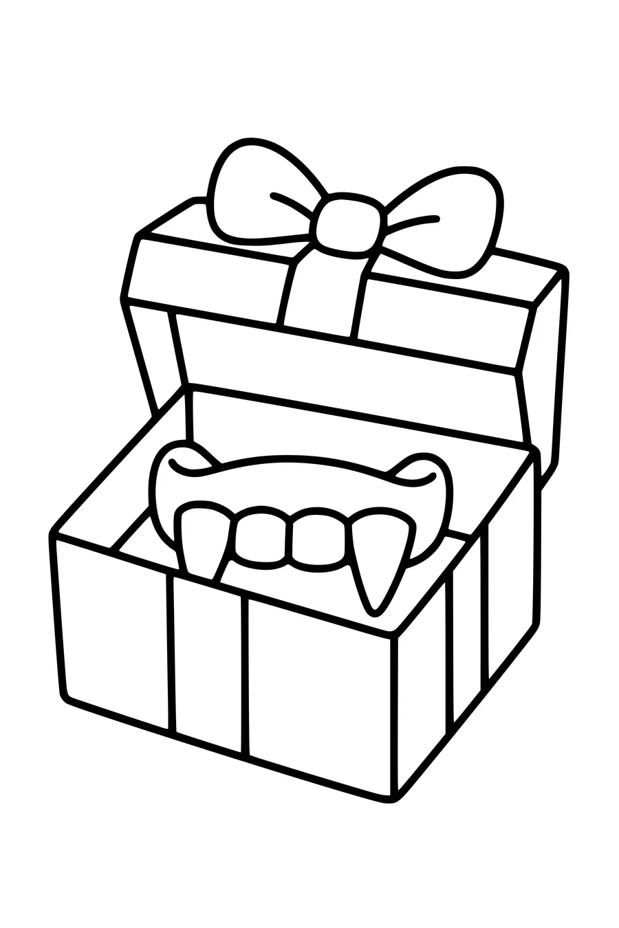 An open small gift box contains a toy vampire mouthpiece with two broad pointed fangs.