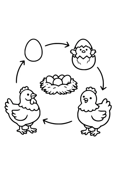 Coloring page of the chicken life cycle in a circle with a nest
