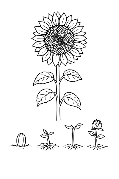 Coloring page of a sunflower with four growth stages below it