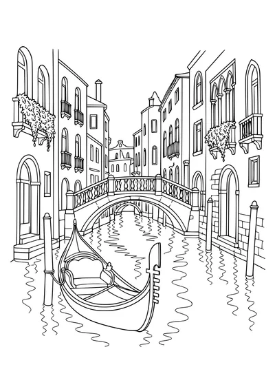 Coloring page of a Venetian canal with gondolas and reflections