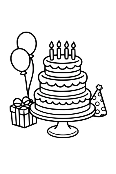 Coloring page of a layered birthday cake with candles and balloons