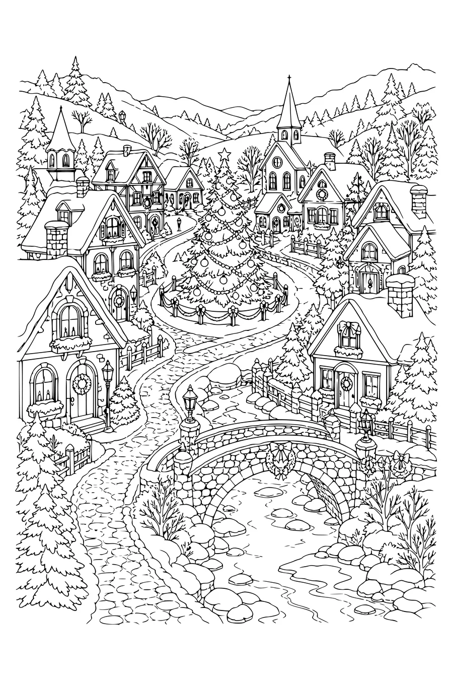 Free printable coloring page of detailed christmas winter village