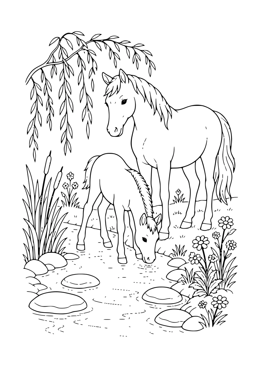 Free horses and ponies coloring page: foal drinking by the stream