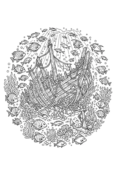 Detailed adult coloring page of fish swimming around a wooden shipwreck