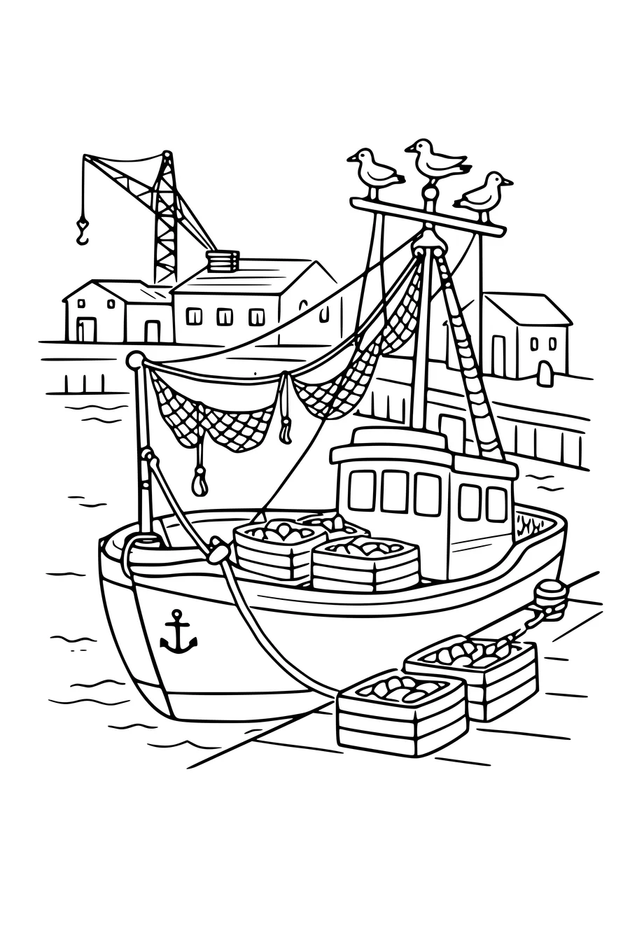 Coloring page of a fishing boat at a quay with nets and crates