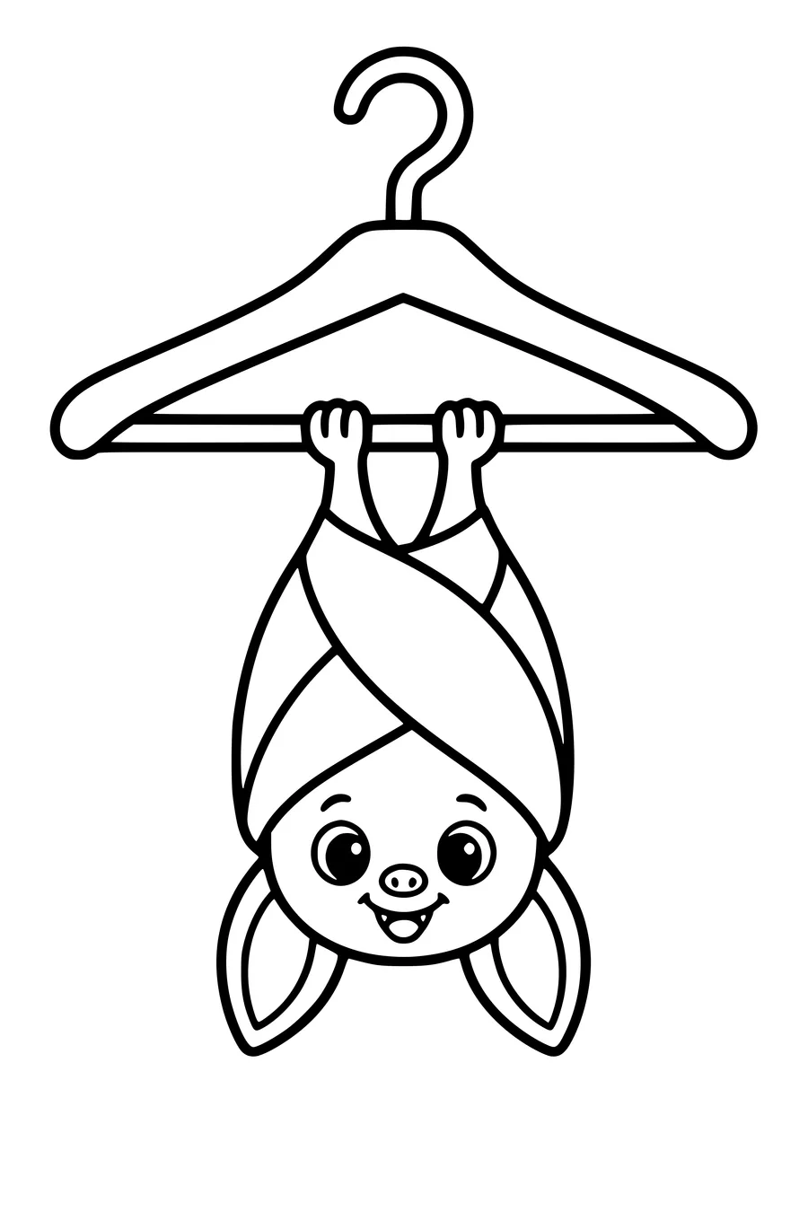 Een vleermuis hangt ondersteboven aan een houten kleerhanger.