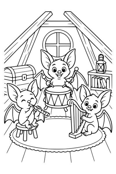 Three friendly bats play a drum, flute and small harp in a cozy attic music room, no musical notation.