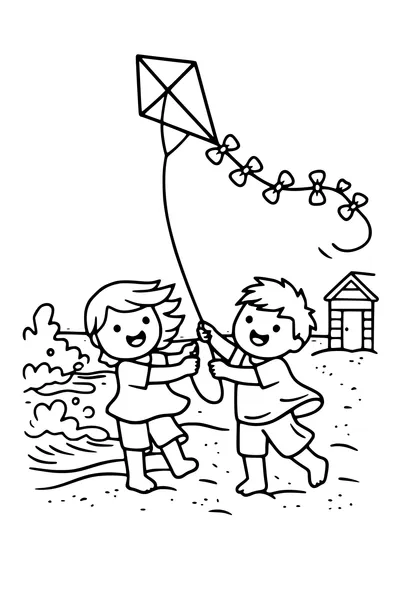 Coloring page of two children flying a kite on a windy beach