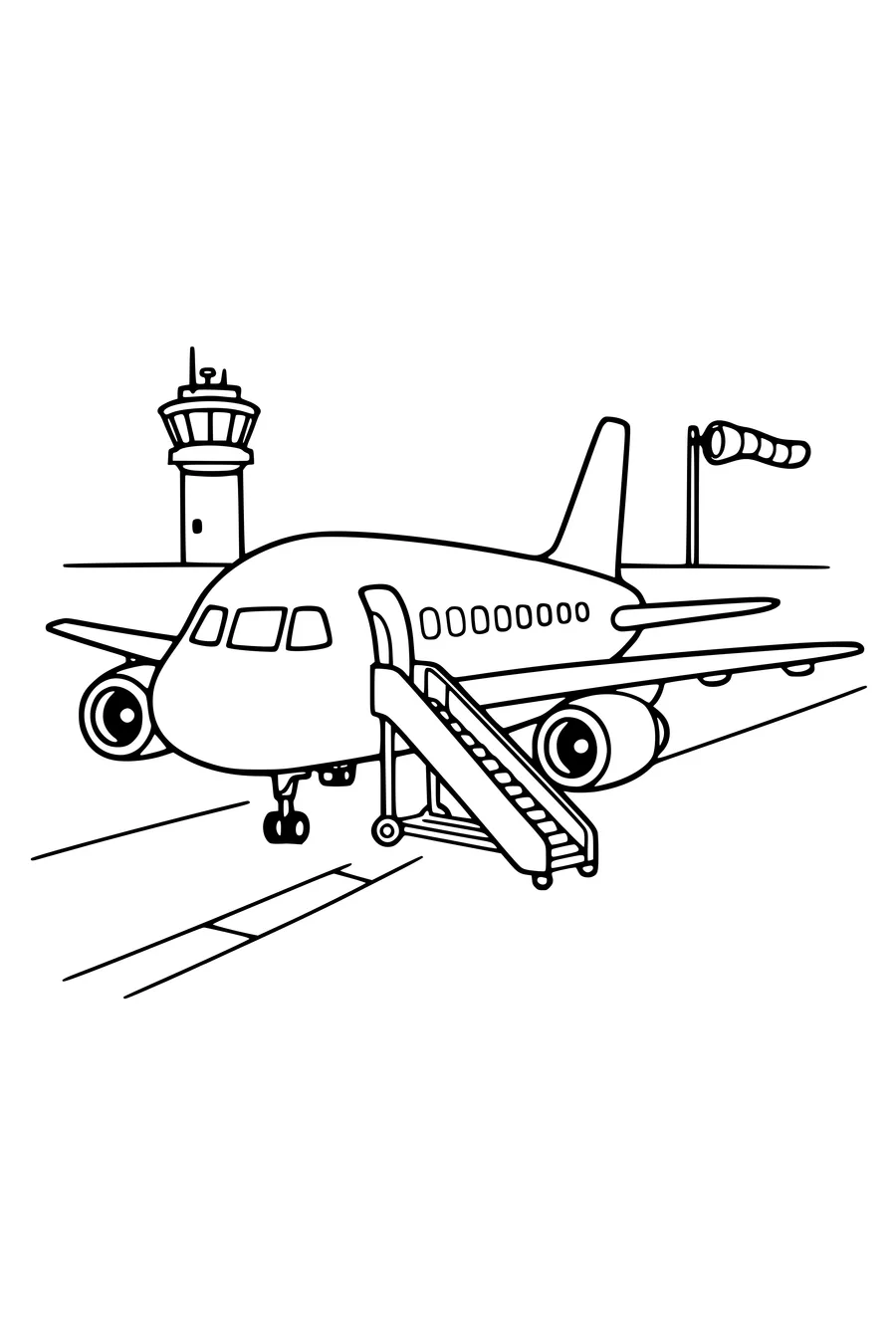 Coloring page of a passenger aeroplane on a runway with a control tower