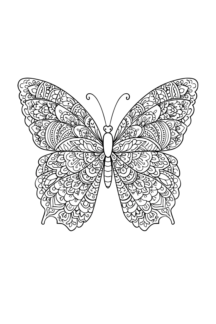 Kleurplaat van een symmetrische vlinder met ornamentele cellen