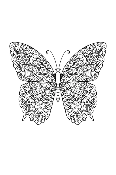 Coloring page of a symmetrical butterfly filled with ornamental cells