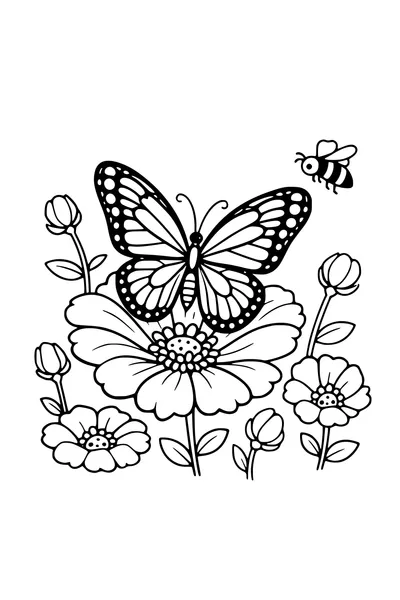 Coloring page of a butterfly with patterned wings on an open flower