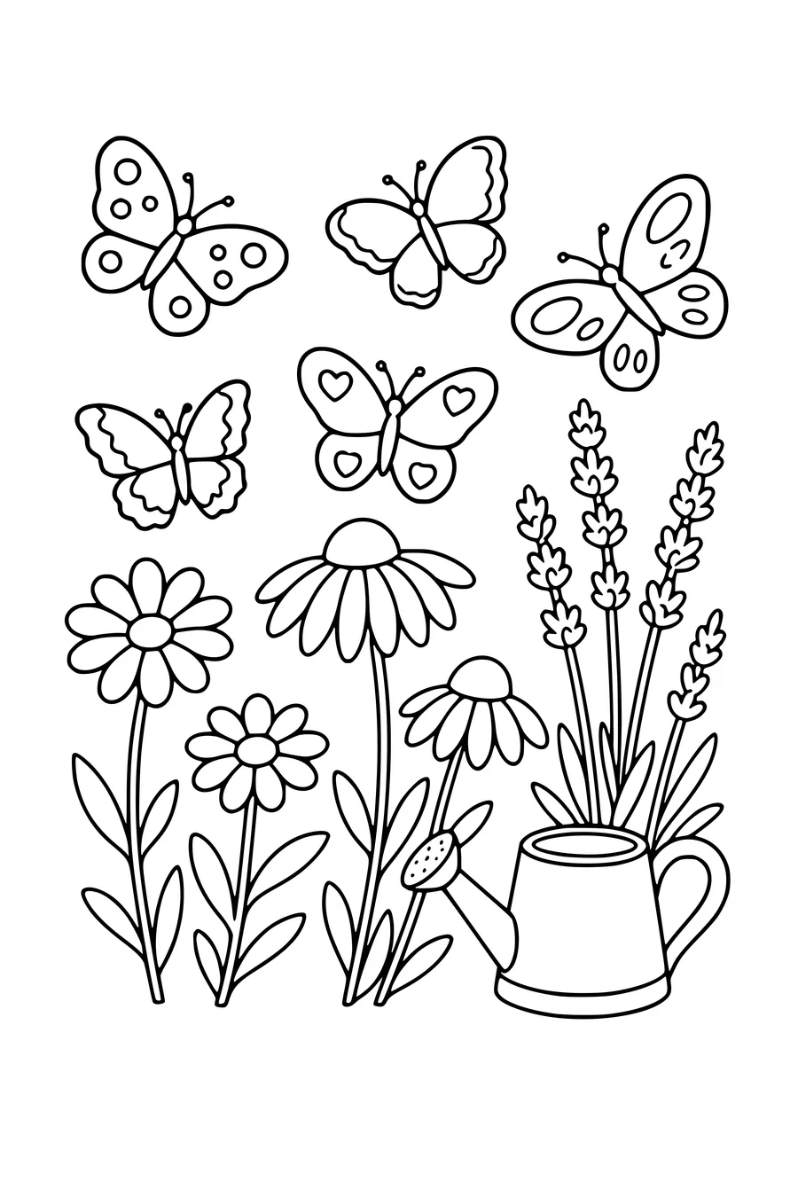 Coloring page of five different butterflies in a flower garden