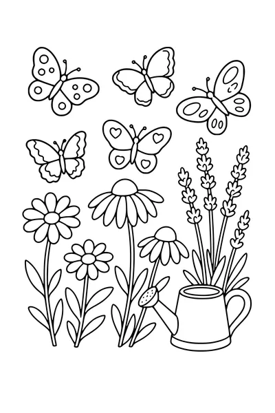 Coloring page of five different butterflies in a flower garden