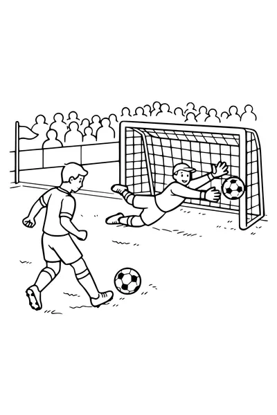 Coloring page of a football match with a striker and a diving goalkeeper