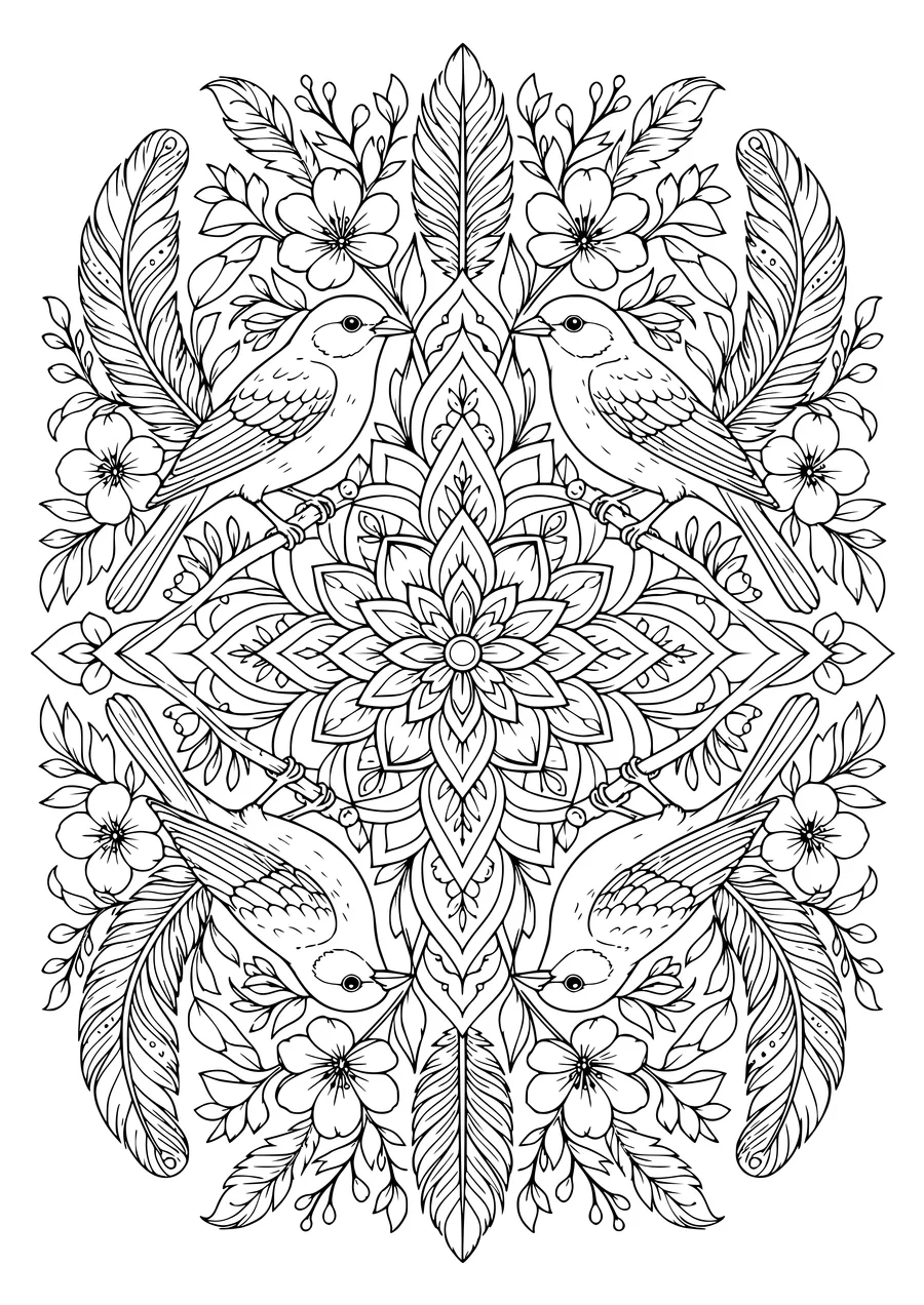 Ausmalbild Mandala mit Vögeln um ein Nest