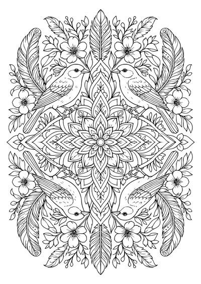 Coloring page of a mandala of birds in flight around a nest