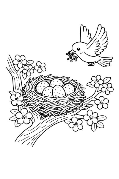 Coloring page of a woven nest with four speckled eggs