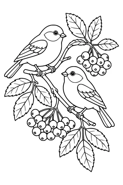 Two small birds perch beside clusters of rowan berries on a branch with broad autumn leaves.