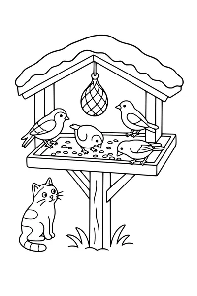 Coloring page of four birds on a feeding table with a fat ball