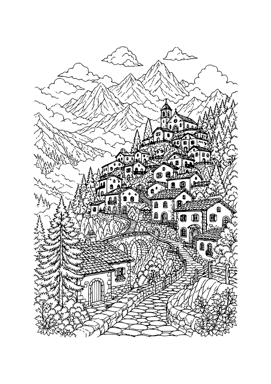 mountain village in mist coloring page