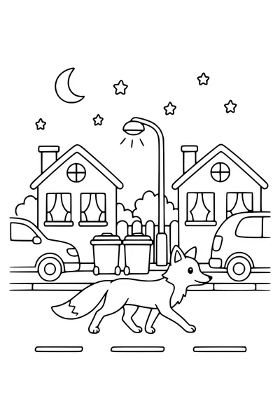 Coloring page of a fox crossing a suburban street at night