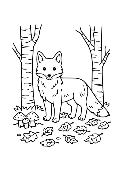 Coloring page of a fox among birch trees with autumn leaves