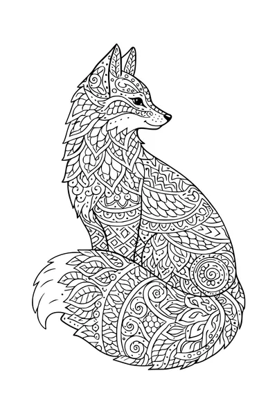 Coloring page of a sitting fox filled with zones of ornamental pattern