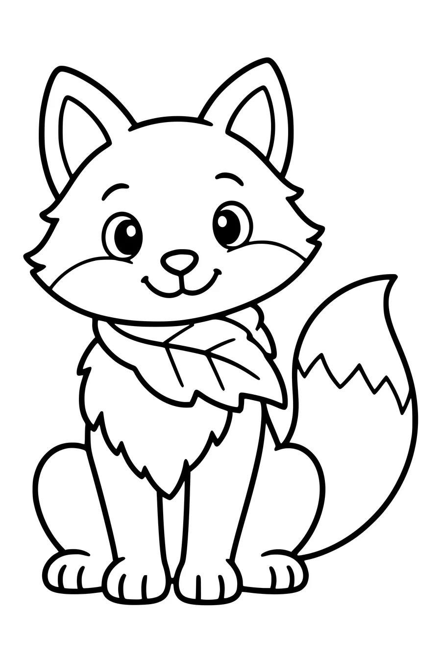 A friendly seated fox wears one broad autumn leaf like a scarf around its neck.