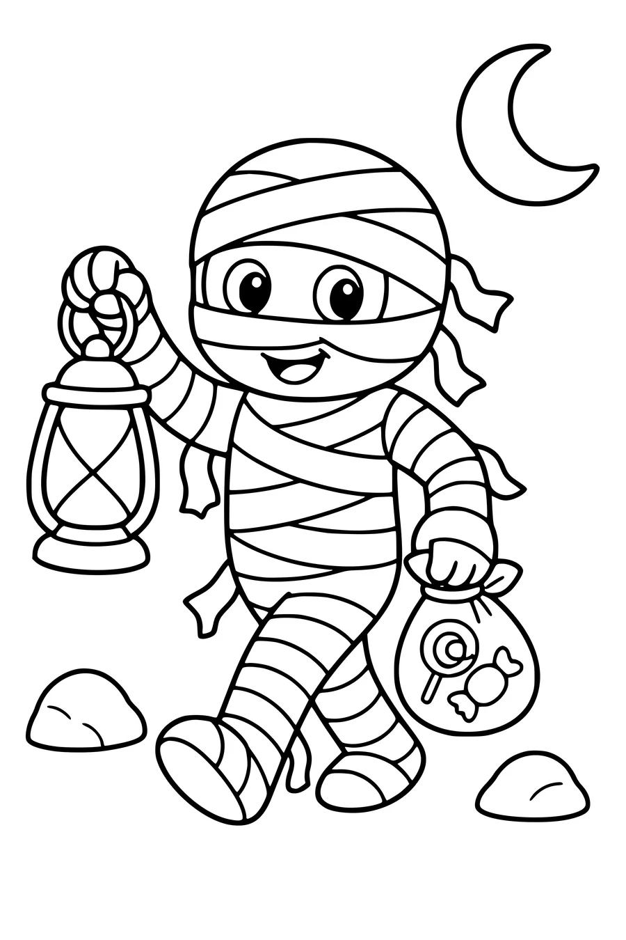 Free printable coloring page of friendly mummy with a lantern