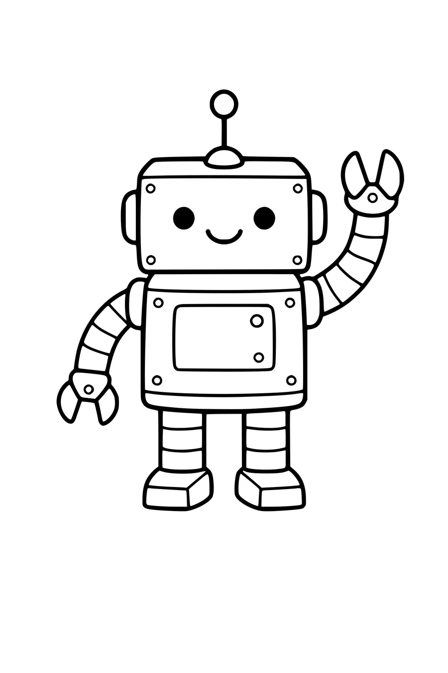 Coloring page of a friendly boxy robot waving