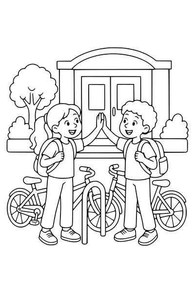 Kleurplaat van twee schoolvrienden die elkaar begroeten bij het fietsenrek