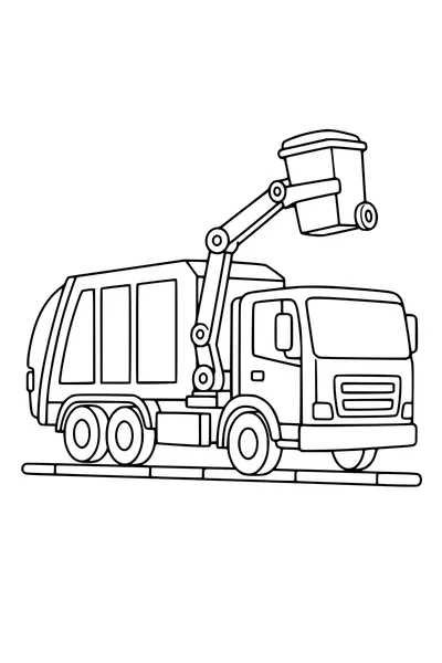 Printable coloring page of garbage truck lifting a bin