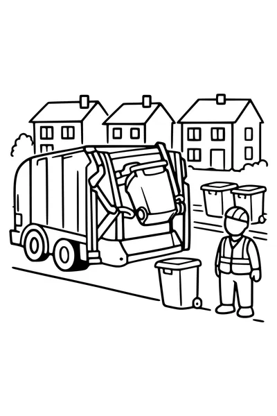 Coloring page of a refuse lorry lifting a wheelie bin