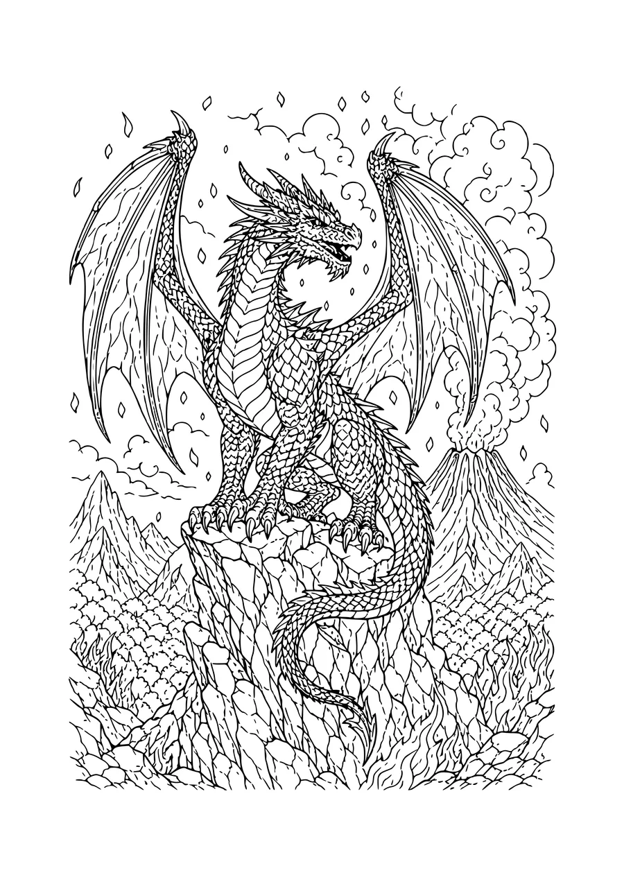 Coloriage gratuit d’un dragon de feu près d’un volcan