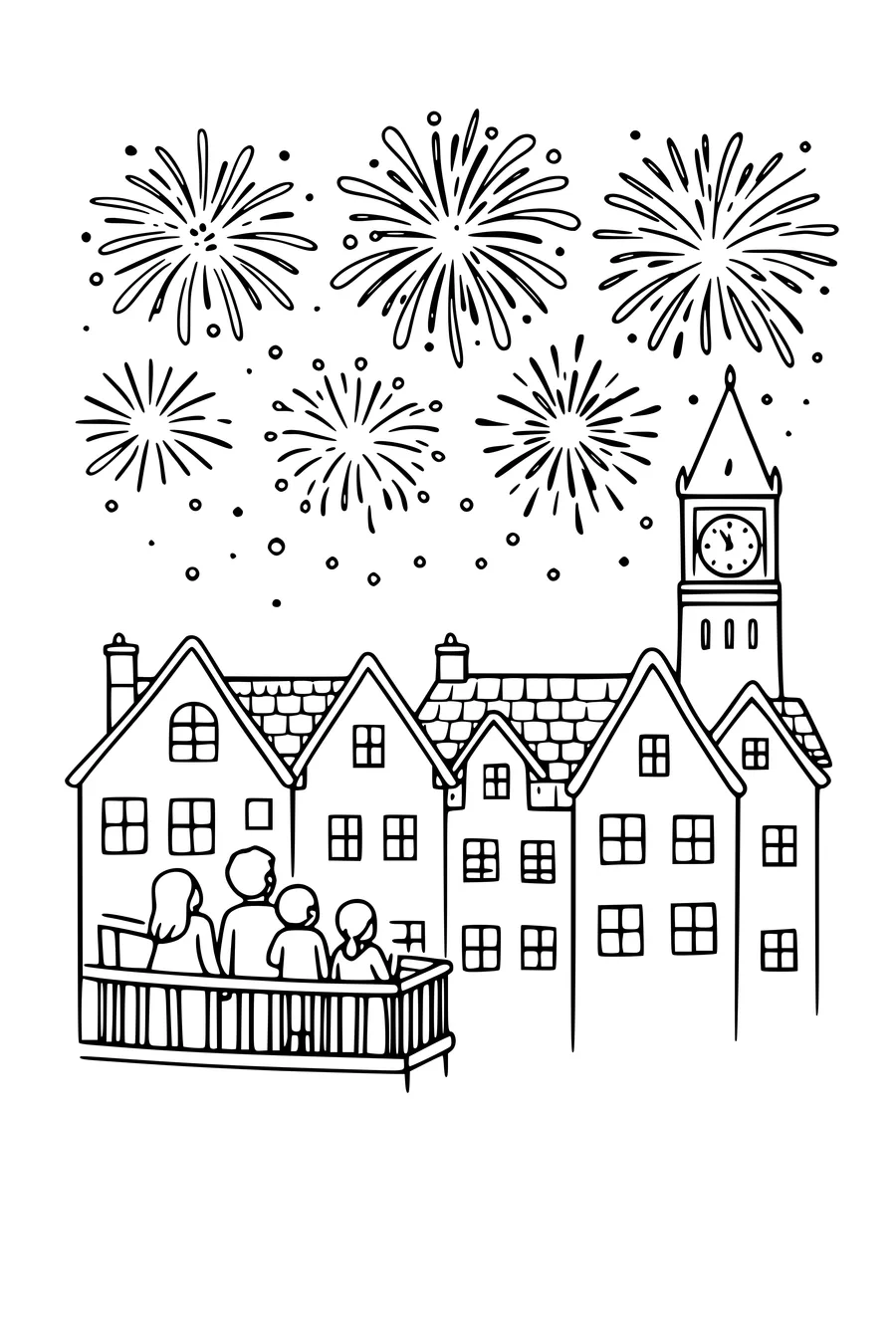 Kleurplaat van vuurwerk boven trapgevels om middernacht