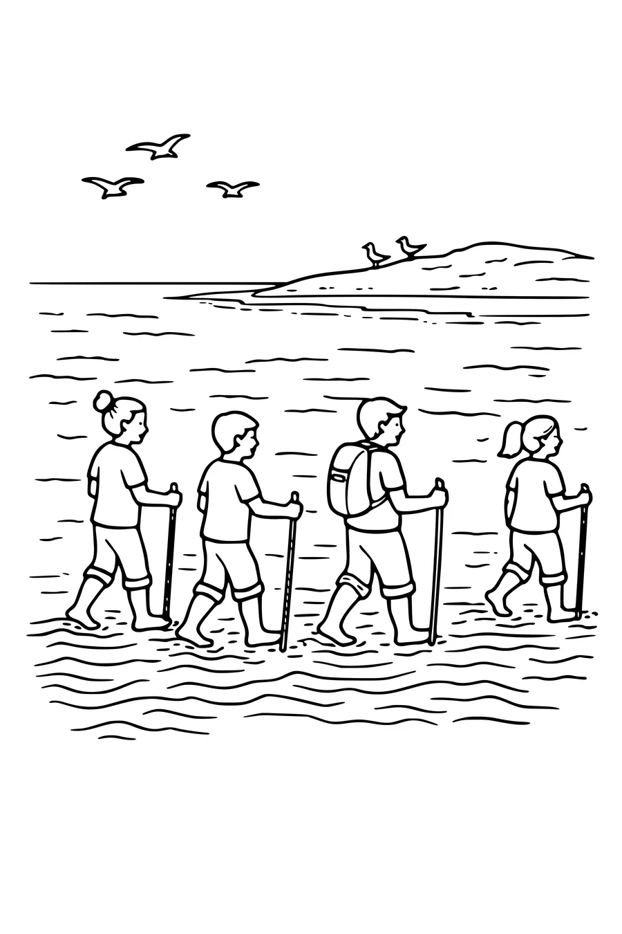 Coloring page of people walking across tidal mudflats at low tide