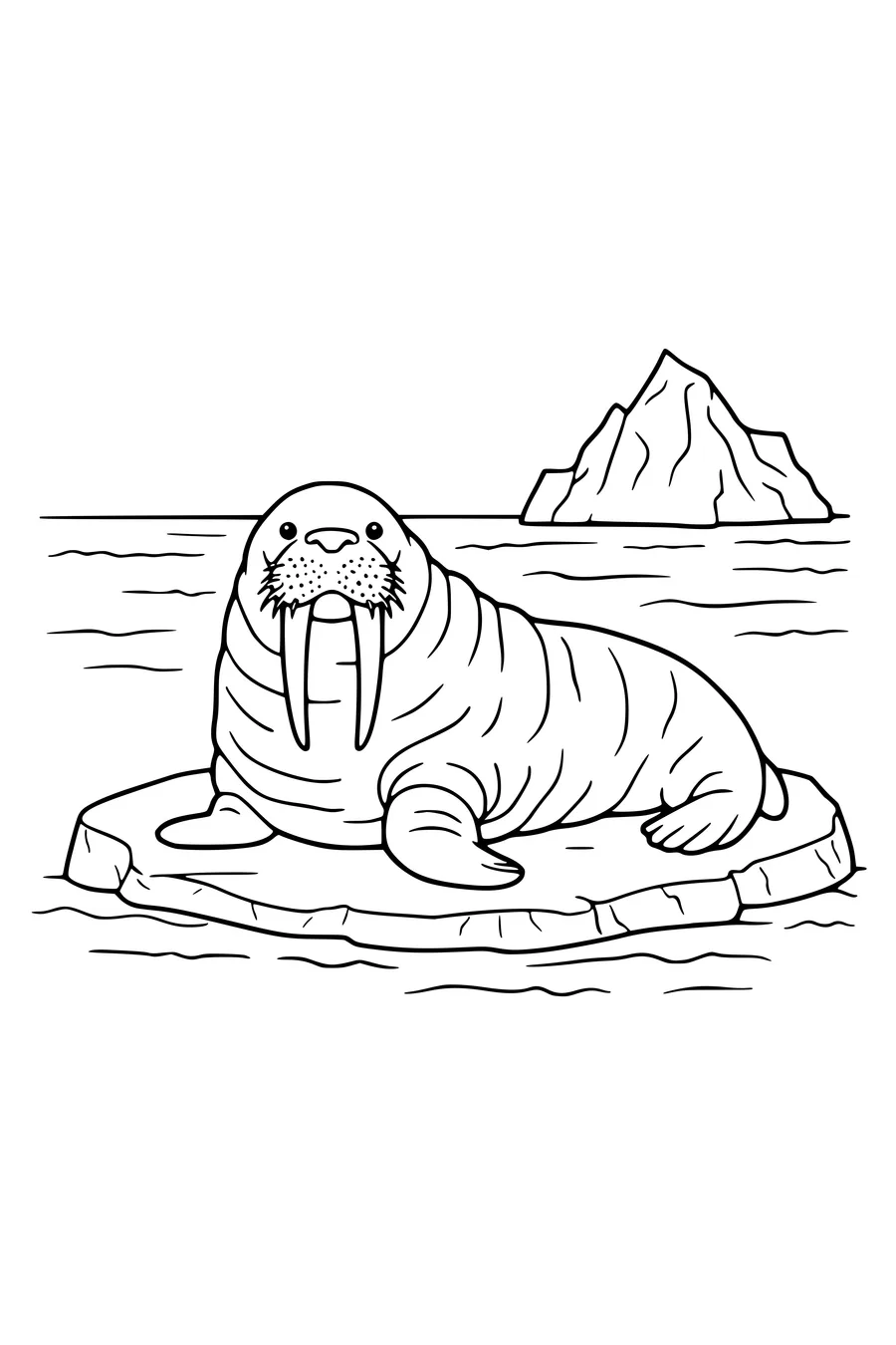 Kleurplaat van een walrus op een rots met slagtanden en snorharen