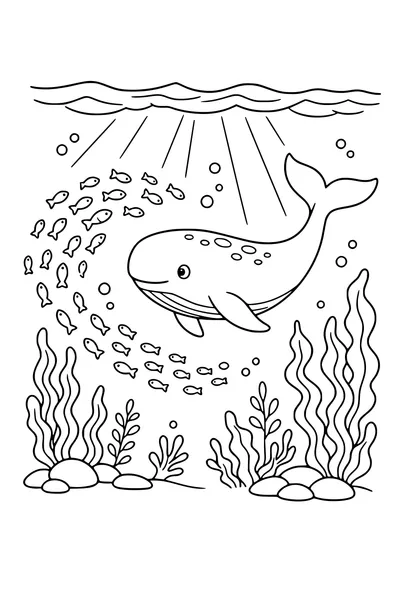 Medium coloring page of a gentle whale calf beside a school of fish