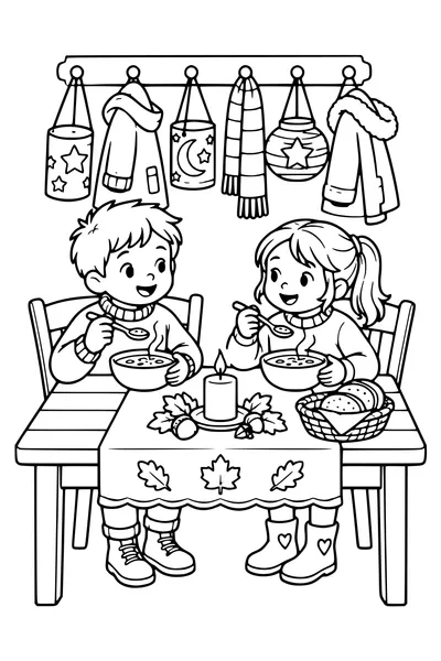 Two children eat warm soup at a table after a Saint Martin walk, their lanterns and coats hanging on wall hooks.