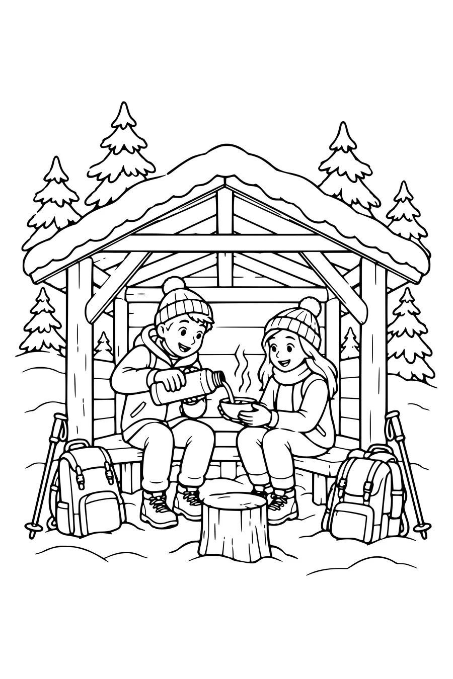 Twee wandelaars schenken soep uit een thermos in een open houten schuilhut.