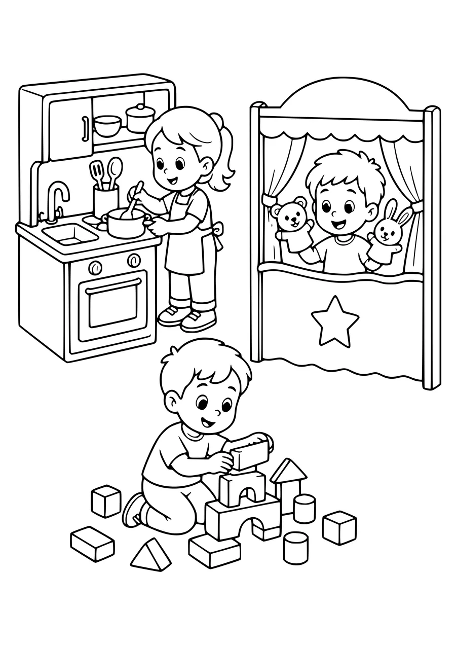 Free printable coloring page of welcome to second kindergarten play corners