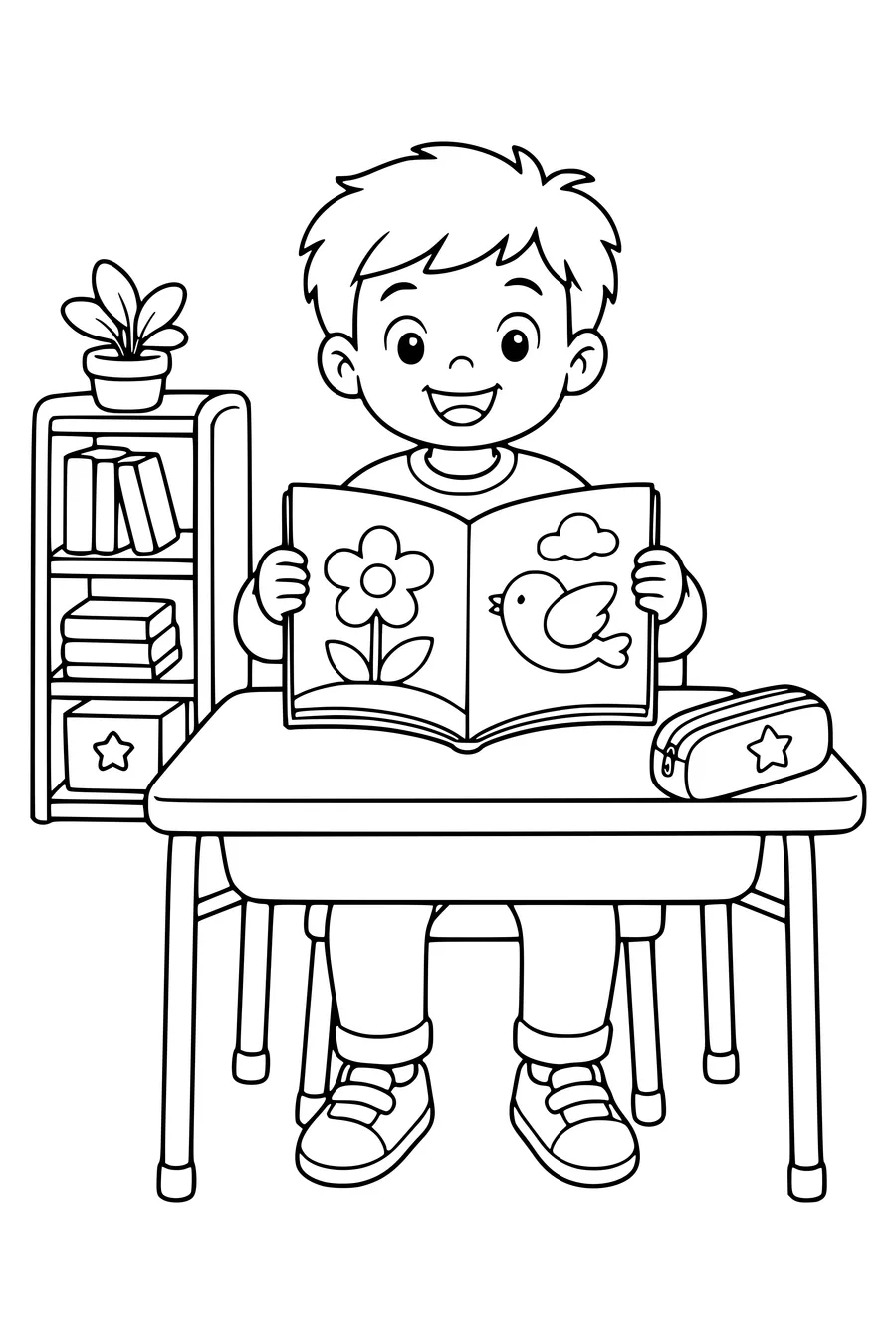 Free printable coloring page of welcome to grade 1 with a first reading book
