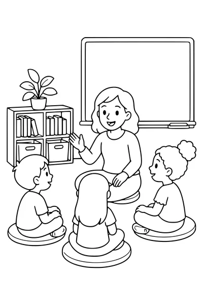 Kleurplaat van een leerkracht die drie kinderen verwelkomt in de klas