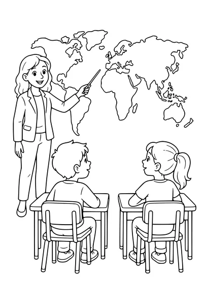 Kostenloses schulisches Ausmalbild: Weltkarte im Klassenzimmer