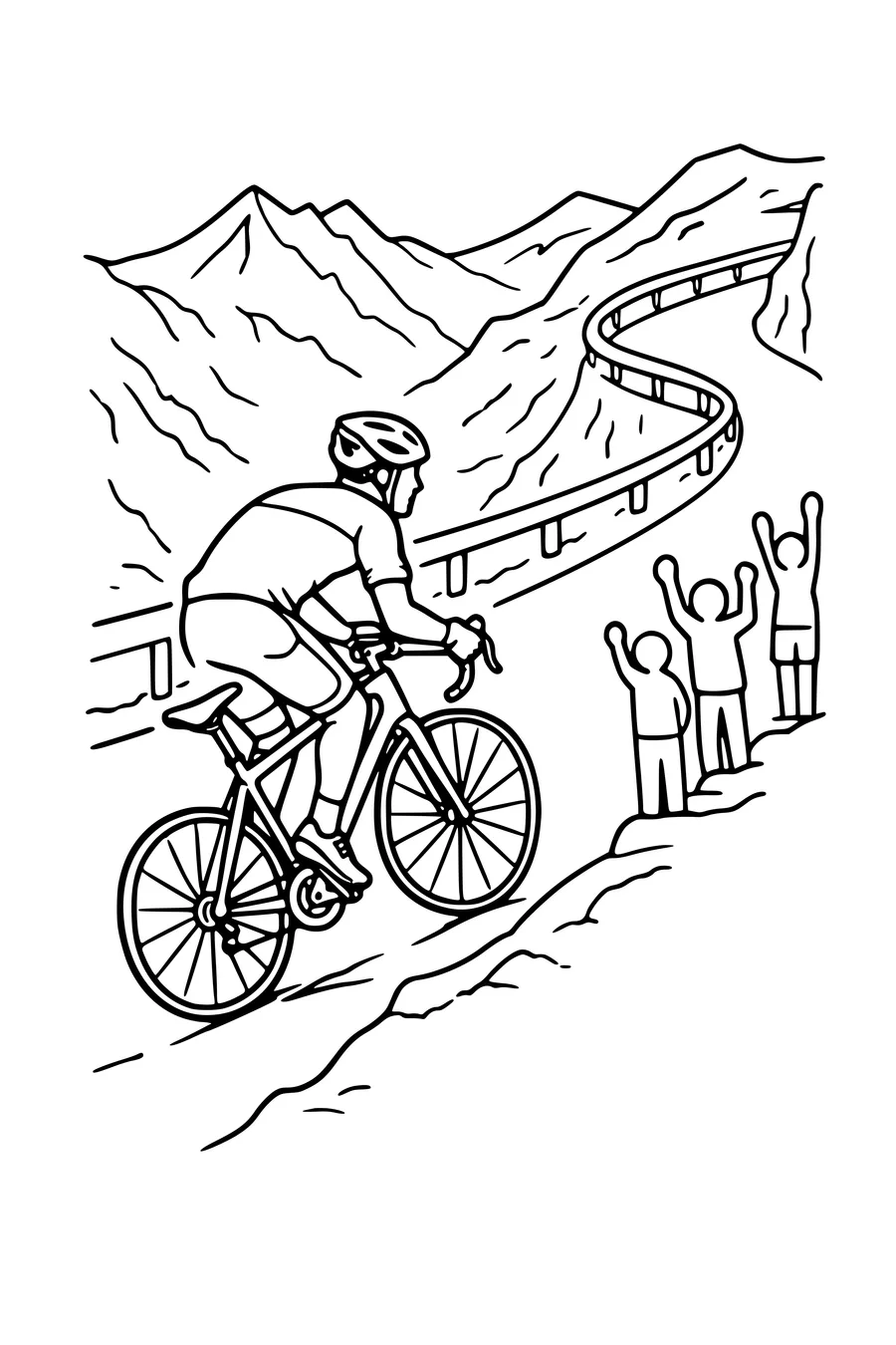 Coloring page of a cyclist climbing a steep mountain road