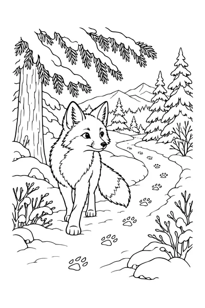 Ausmalbild: Fuchs am verschneiten Waldweg.