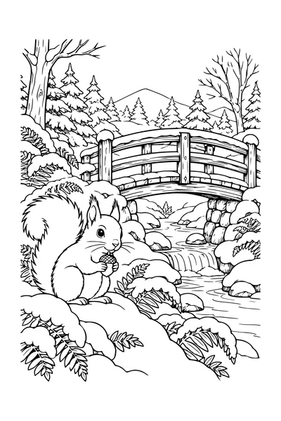 Ausmalbild: Eichhörnchen bei einer Holzbrücke.
