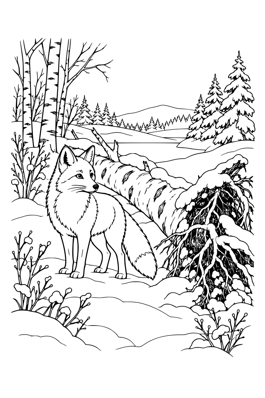 Coloriage : Renard près d’un tronc de bouleau enneigé.